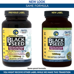 Amazing Herbs Black Seed Oil Pills softgels close-up, emphasizing premium cold-pressed extraction.