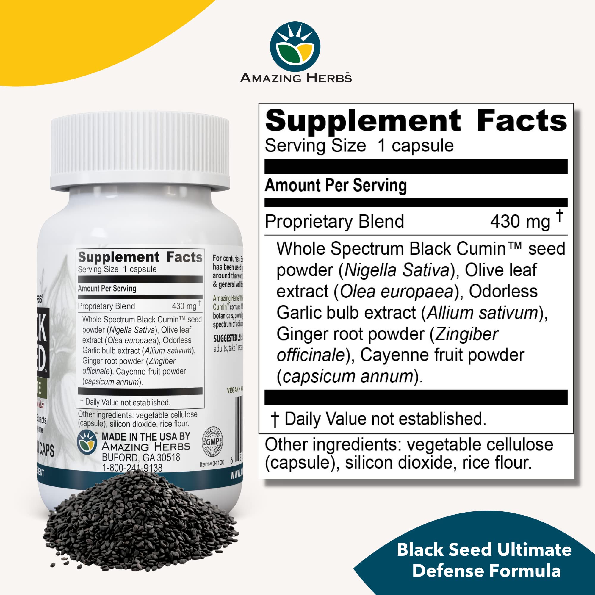 Closeup of Amazing Herbs Black Seed Ultimate capsules for easy daily use