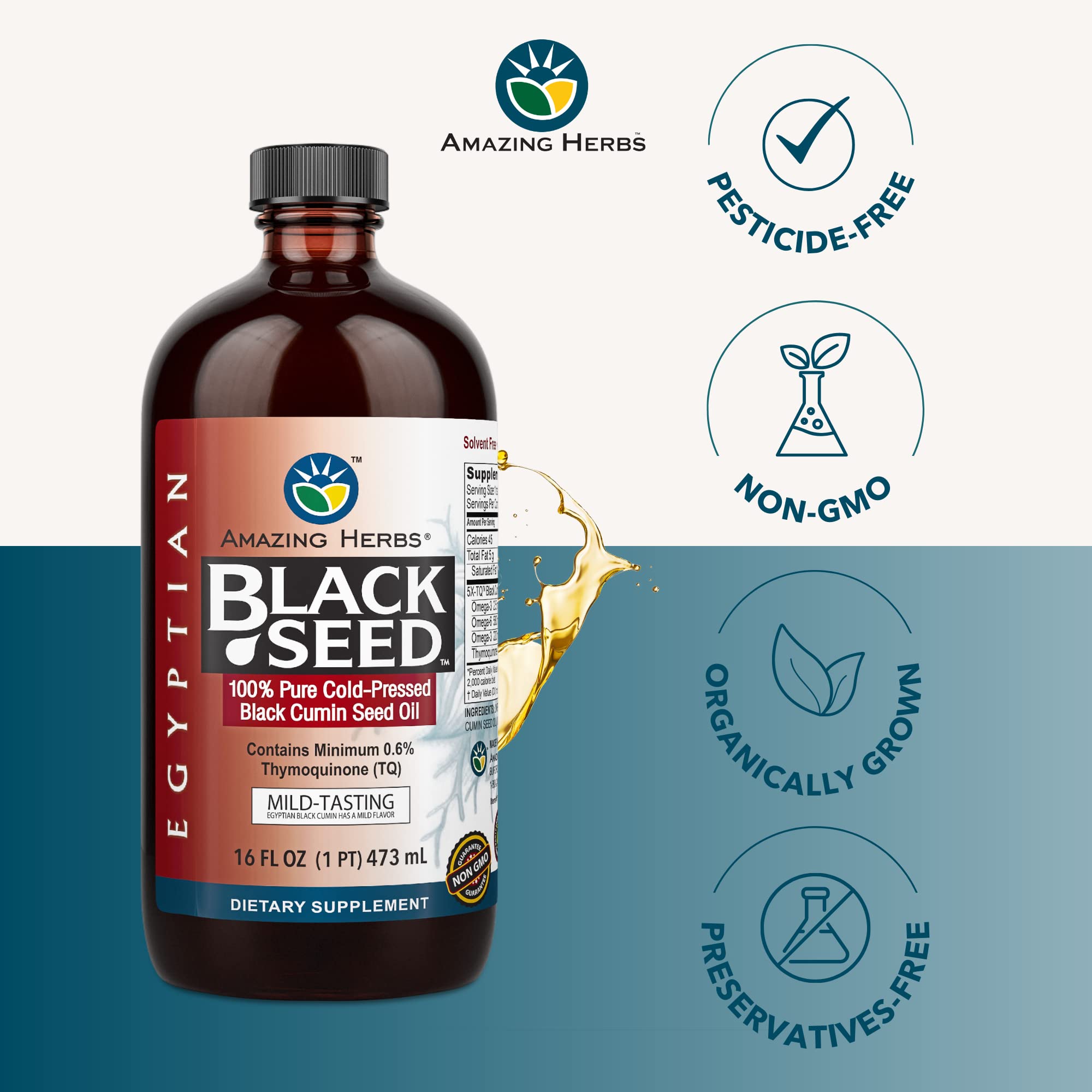 Amazing Herbs Egyptian Black Seed Oil glass bottle radiates a golden cold-pressed oil