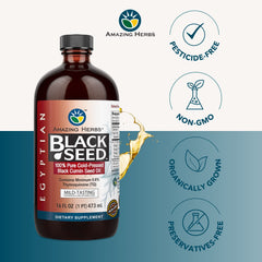 Amazing Herbs Egyptian Black Seed Oil glass bottle radiates a golden cold-pressed oil
