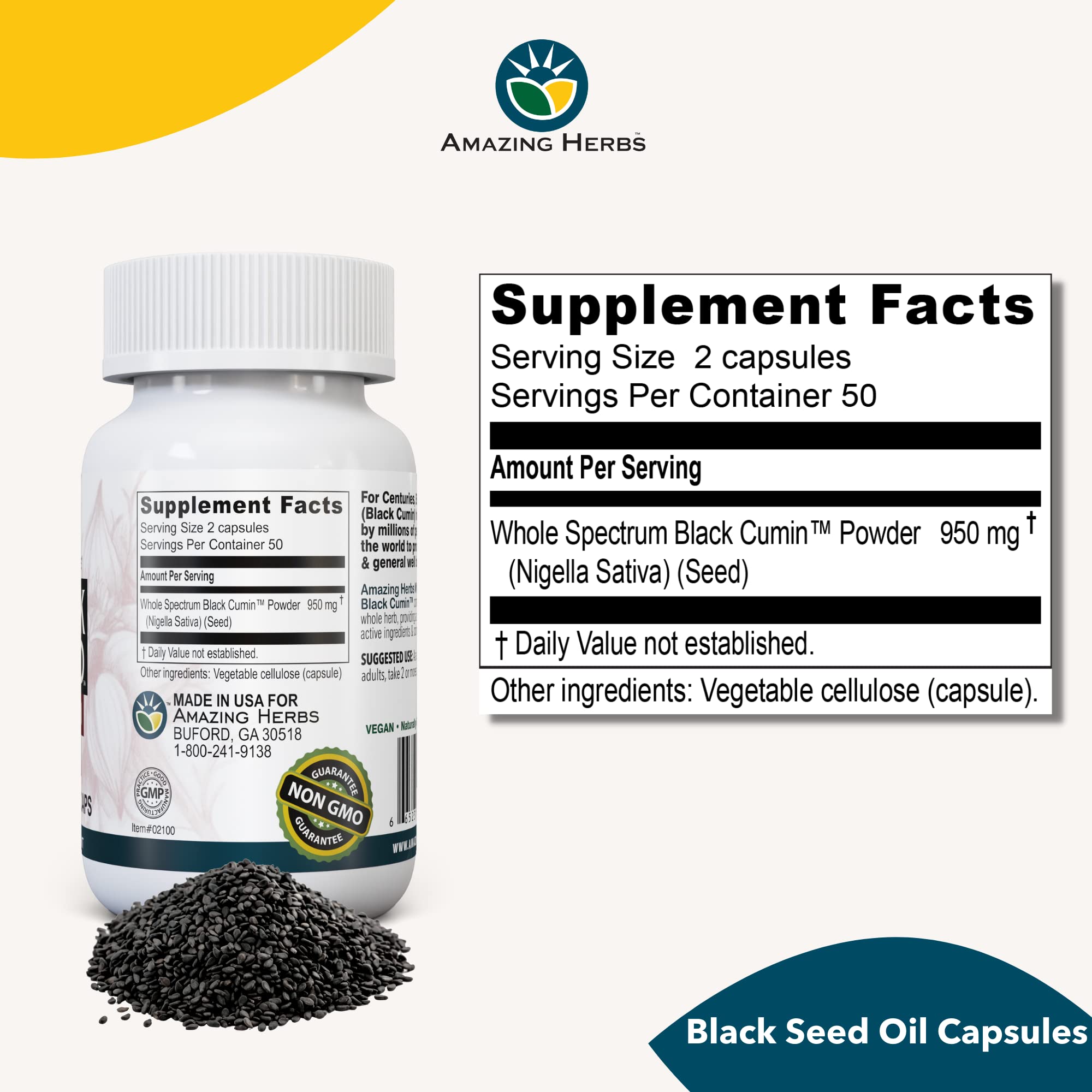 Amazing Herbs Nigella Sativa high-grade seeds pour, highlighting quality.