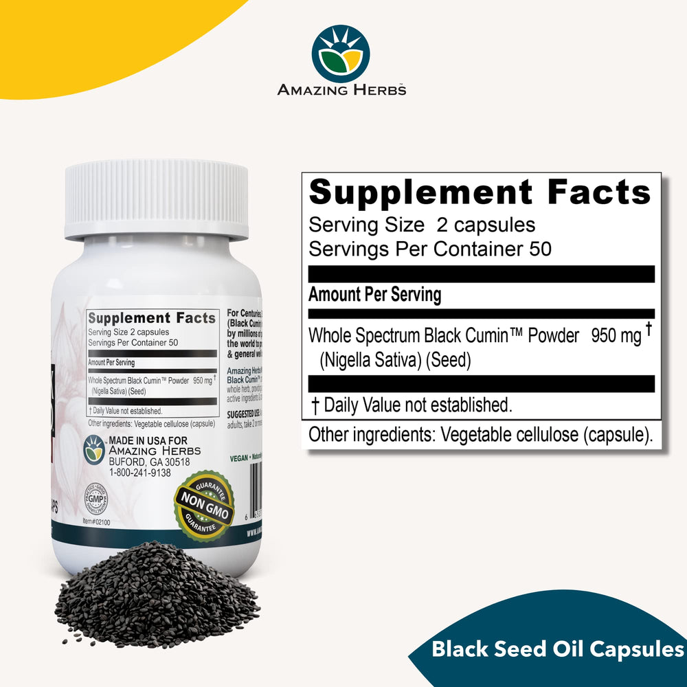 Amazing Herbs Nigella Sativa high-grade seeds pour, highlighting quality.