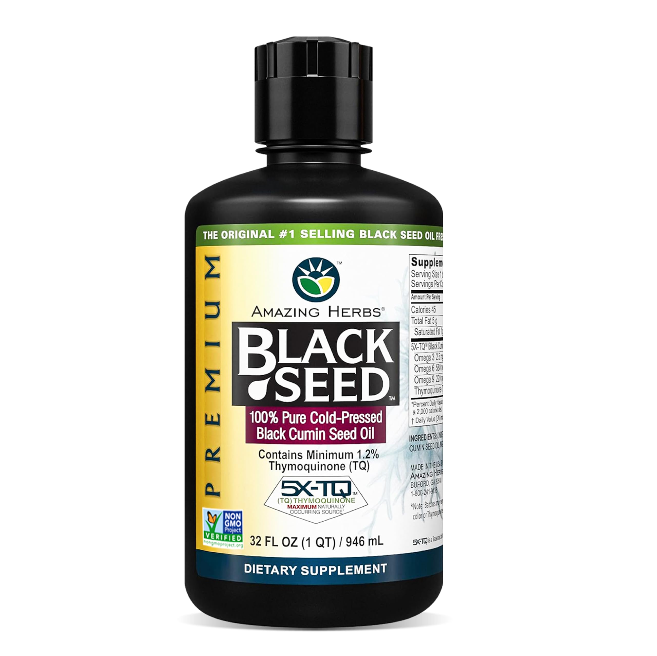 Amazing Herbs Premium Black Seed Oil bottle front showing cold-pressed oil for immune support.