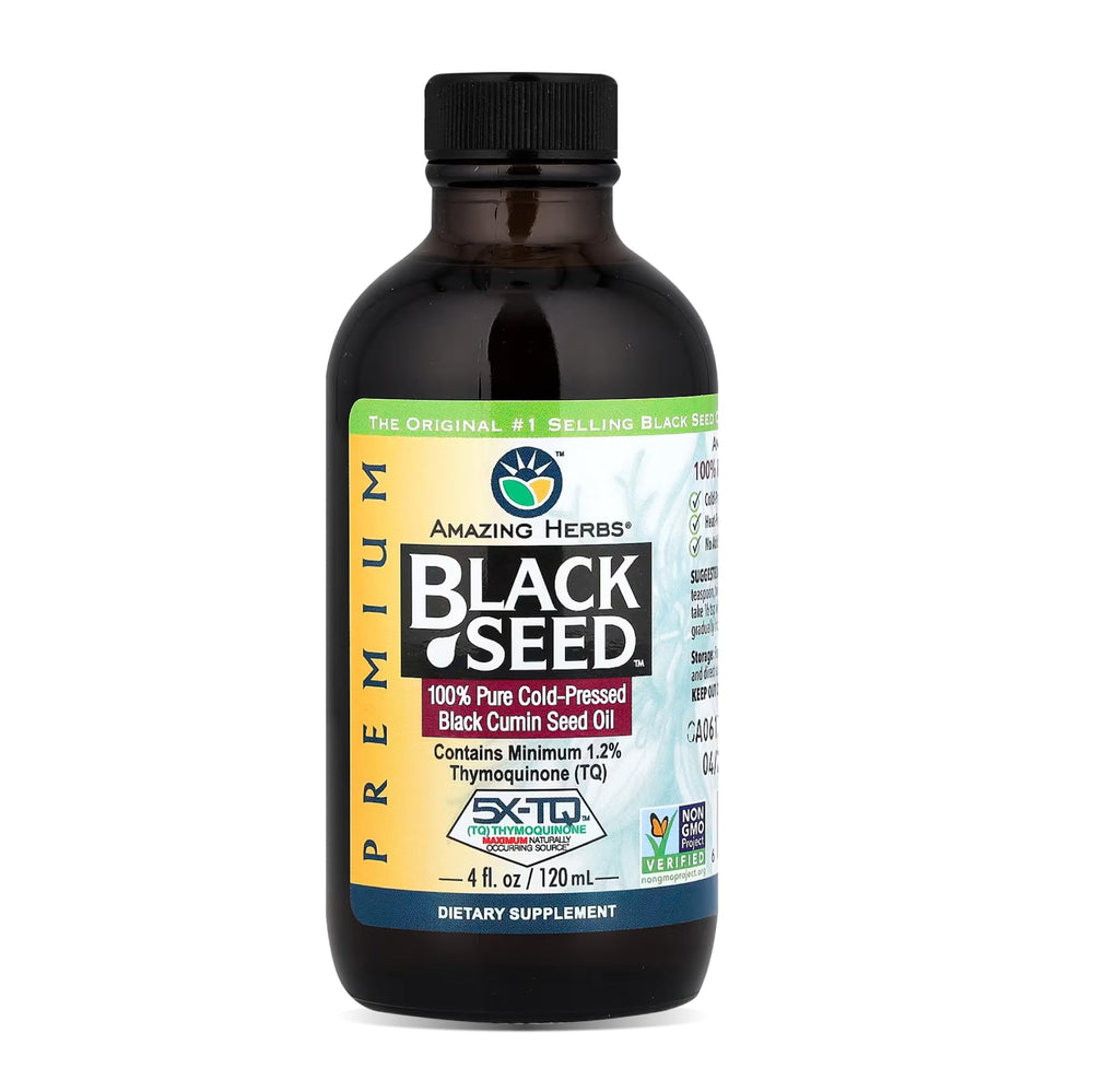 Amazing Herbs Black Seed Oil bottle pour for easy daily wellness dosing