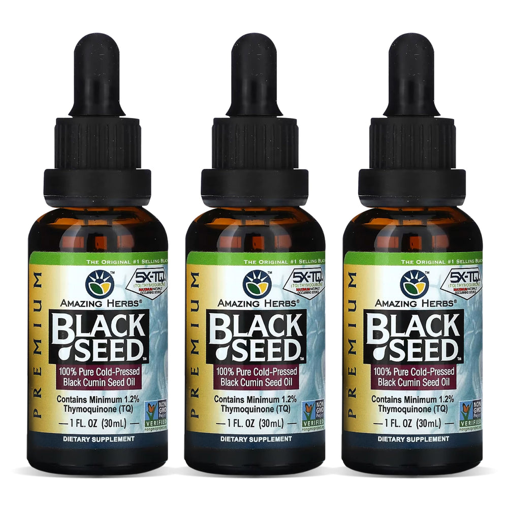 Amazing Herbs Premium Black Seed Oil bottle for daily digestive support and immune routine.