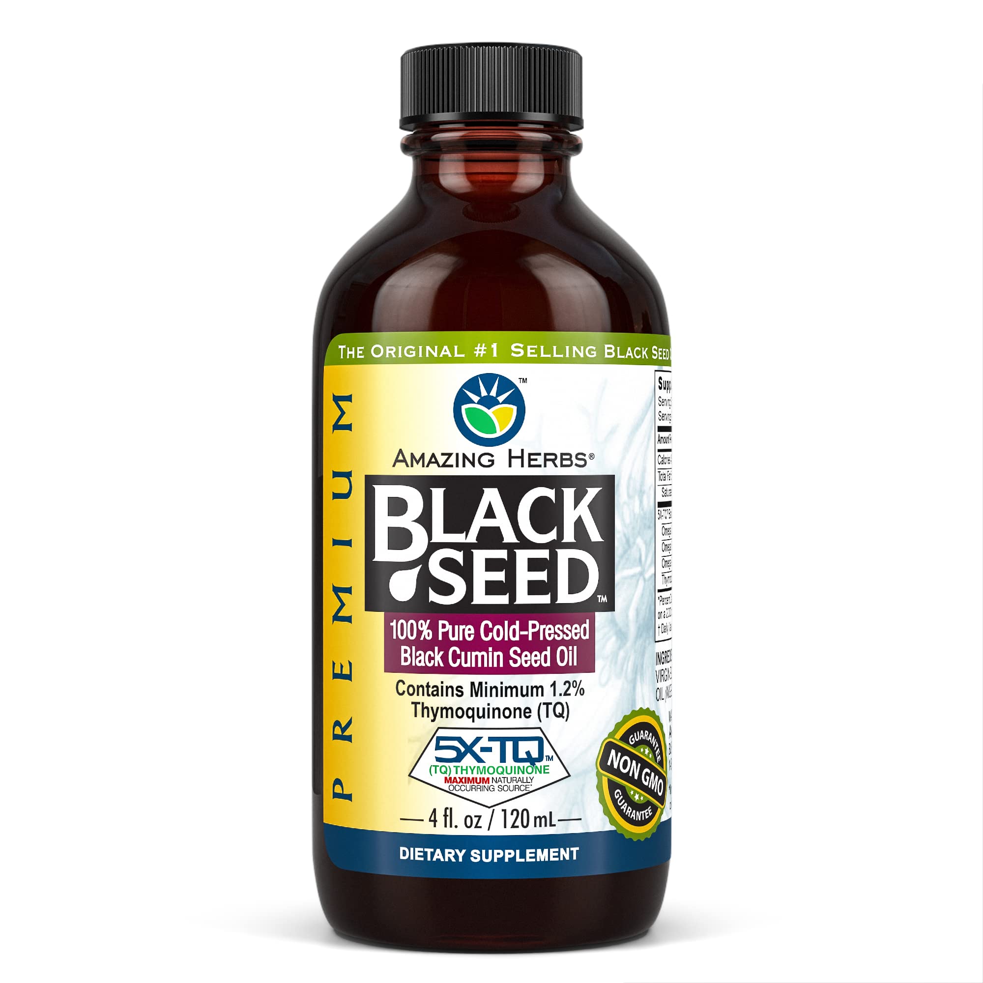Amazing Herbs premium black seed oil bottle on display for daily wellness support.