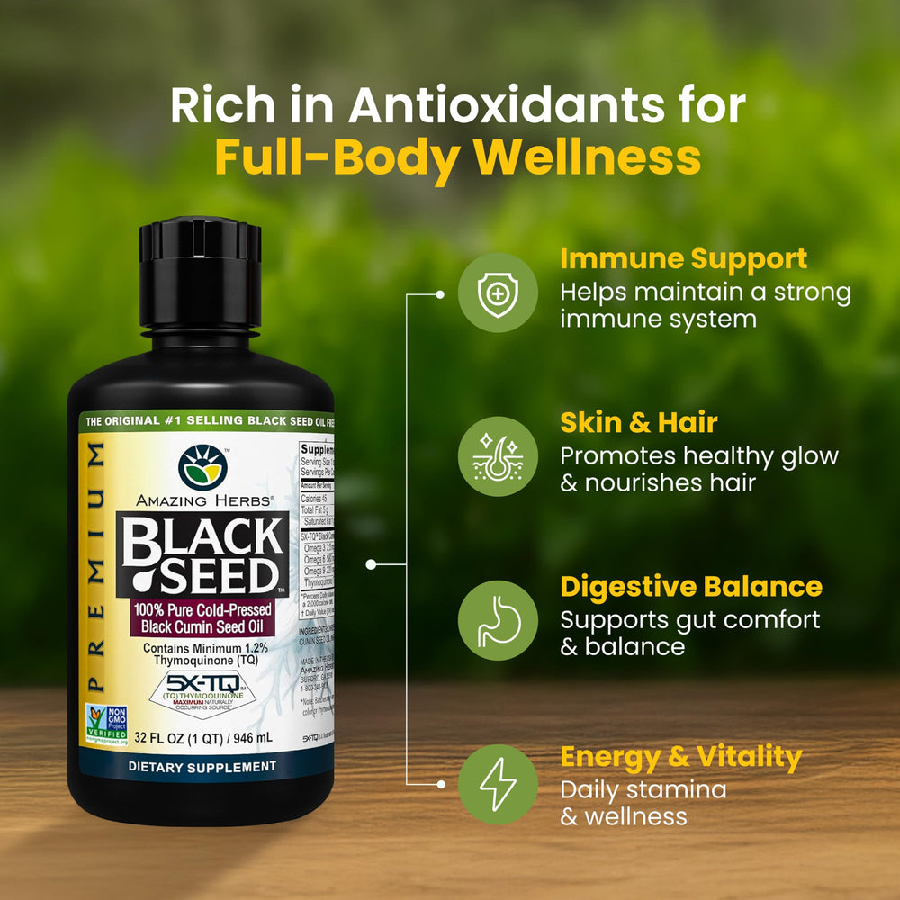 Amazing Herbs Premium Black Seed Oil label close-up emphasizing organic, non-GMO ingredients.
