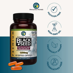 Amazing Herbs premium black seed oil pack highlighting organically grown Nigella sativa seeds.