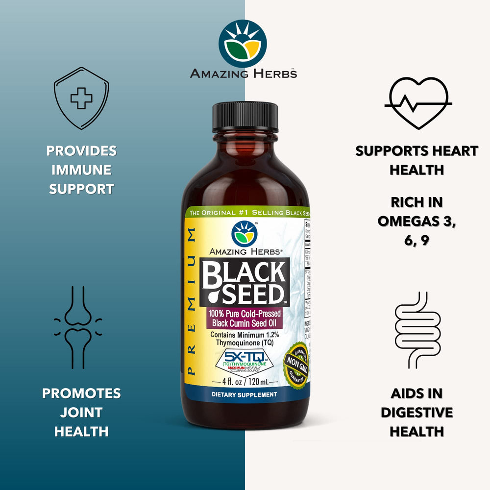 Amazing Herbs premium black seed oil pour demonstrates controlled dosing.