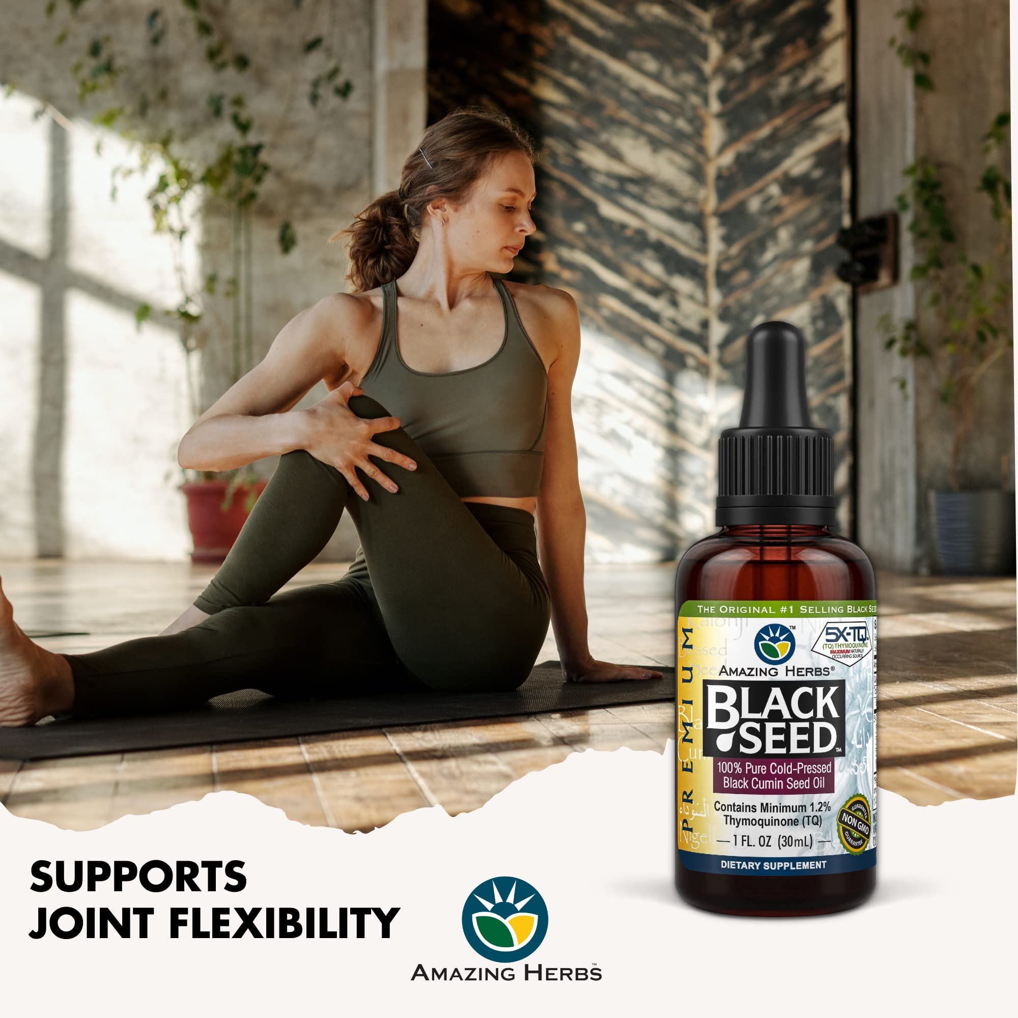 Amazing Herbs Premium Black Seed Oil lifestyle shot suggests convenient daily use in routines