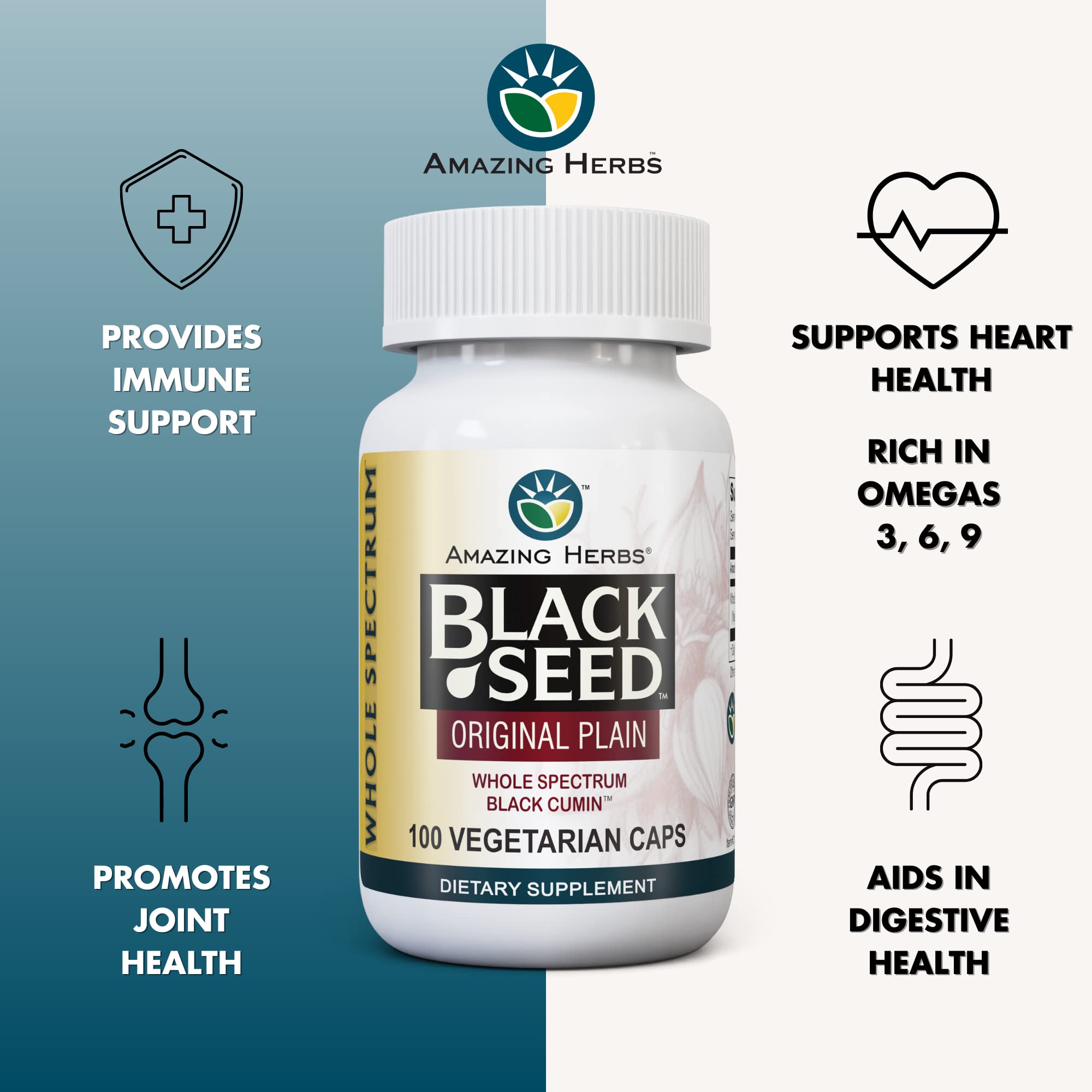 Amazing Herbs whole spectrum black seed original plain label highlights high-grade Nigella Sativa.