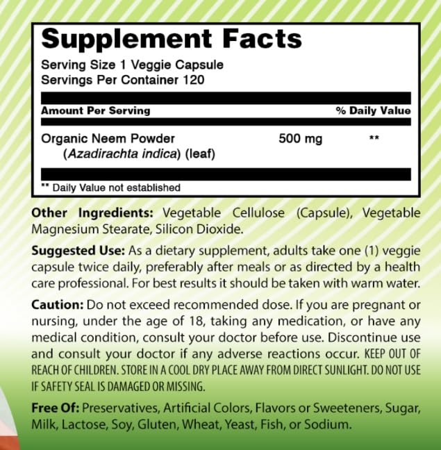 Amazing India Neem label indicating GMP and third-party testing.