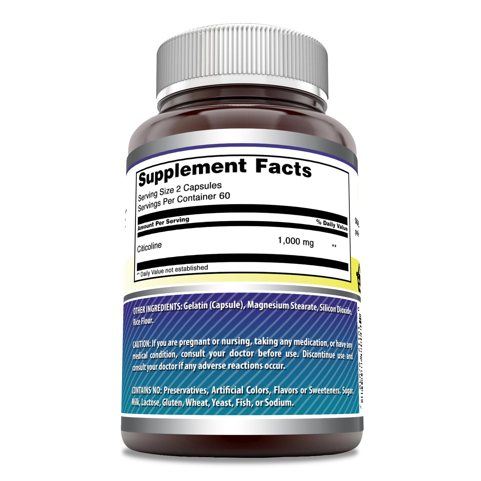 Close-up of 1000 mg citicoline capsules emphasizing potency and capsule design.