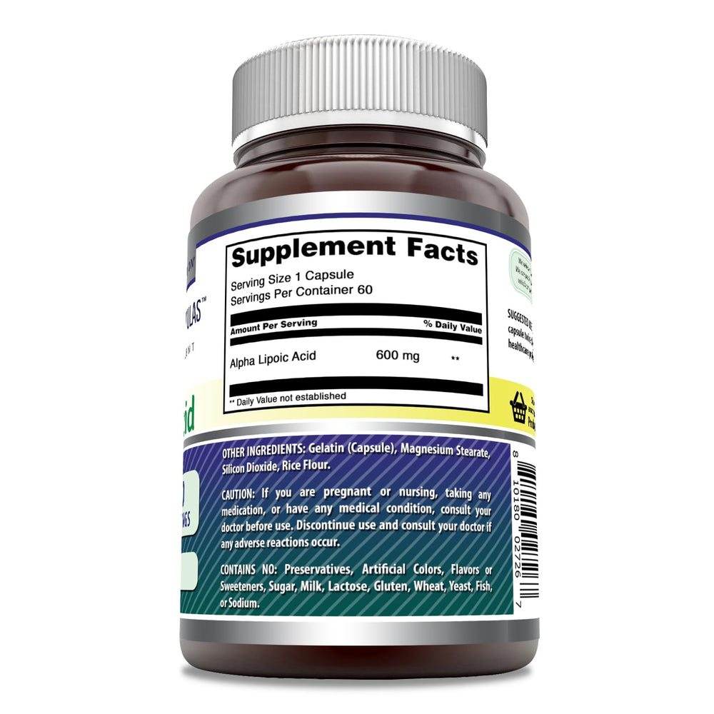 Amazing Nutrition Alpha Lipoic Acid 600mg bottle label: trusted non-GMO, gluten-free formulation.
