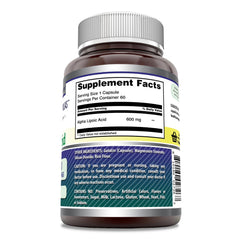 Amazing Nutrition Alpha Lipoic Acid 600mg bottle label: trusted non-GMO, gluten-free formulation.