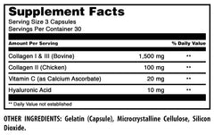 Ingredient panel detail showing collagen types I, II, III and vitamin C.
