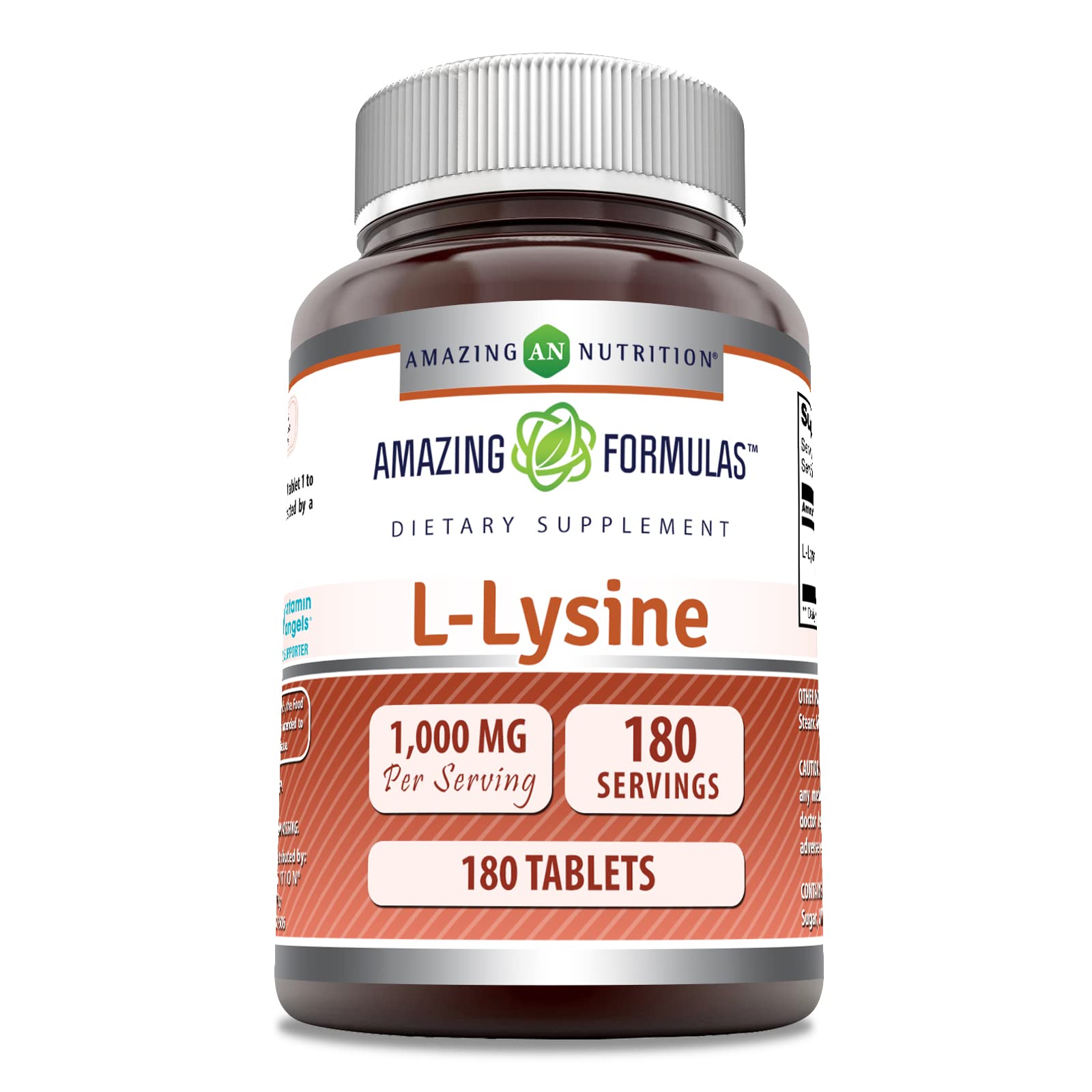Amazing Formulas L-Lysine tablet close-up showing 1000 mg potency for daily support