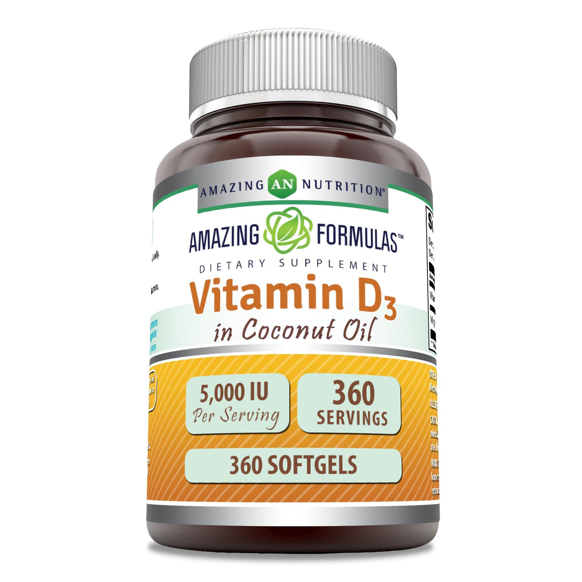 Amazing Nutrition Amazing Formulas Vitamin D3 coconut oil softgel bottle promoting daily wellness.