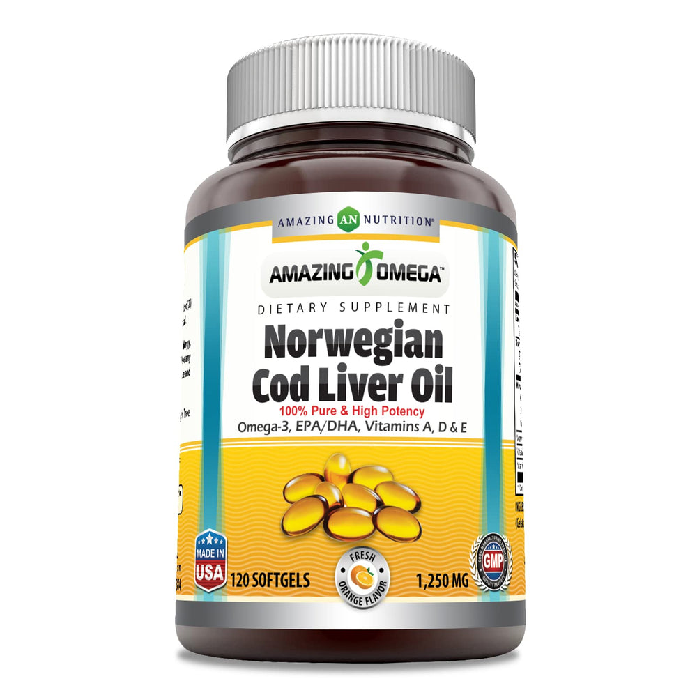 Amazing Nutrition Amazing Omega cod liver oil bottle front shows freshness and high-strength 1250 mg per serving.