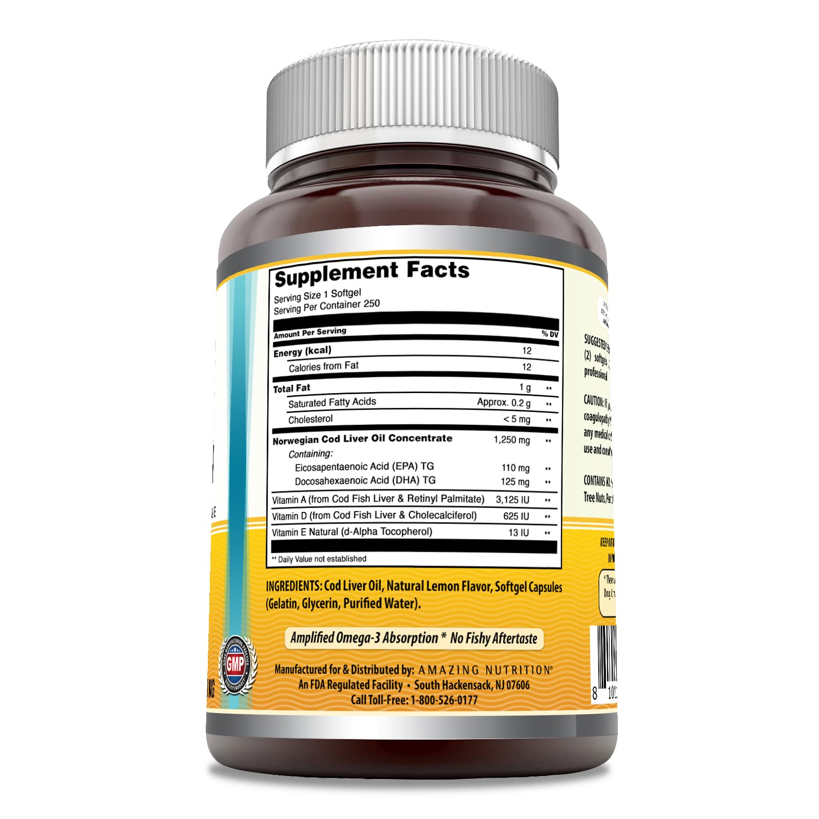Bottle label of Amazing Omega cod liver oil highlighting purity and third party testing.
