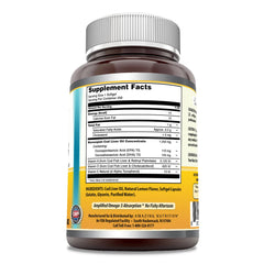 Bottle label of Amazing Omega cod liver oil highlighting purity and third party testing.