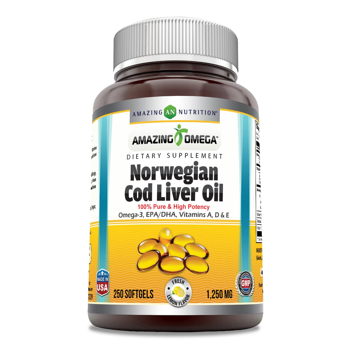 Amazing Omega cod liver oil softgels in lemon flavor supporting daily omega-3 intake.