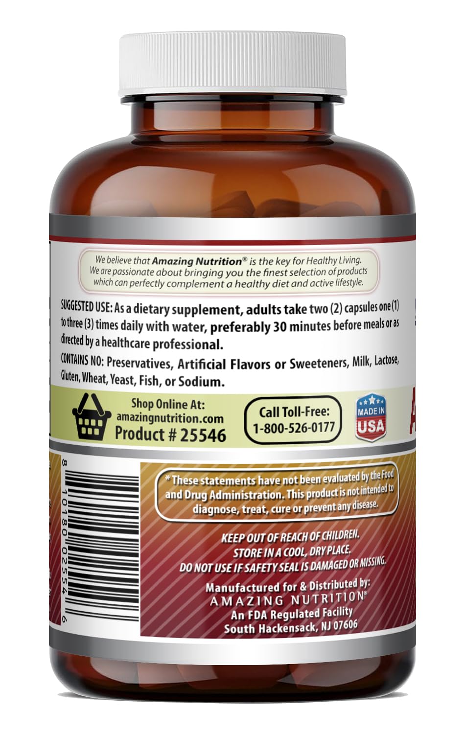 Amazing Nutrition open bottle with capsules spilled to illustrate serving