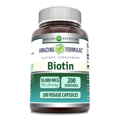 Amazing Nutrition Biotin 10,000 mcg bottle for daily dosage in a vegetarian capsule routine.
