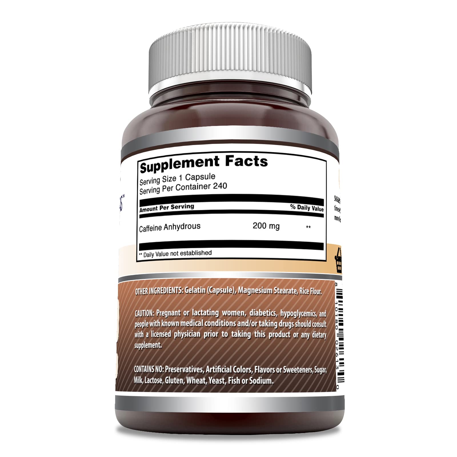 Amazing Nutrition caffeine 200 mg label detail highlights non-GMO and gluten-free features.