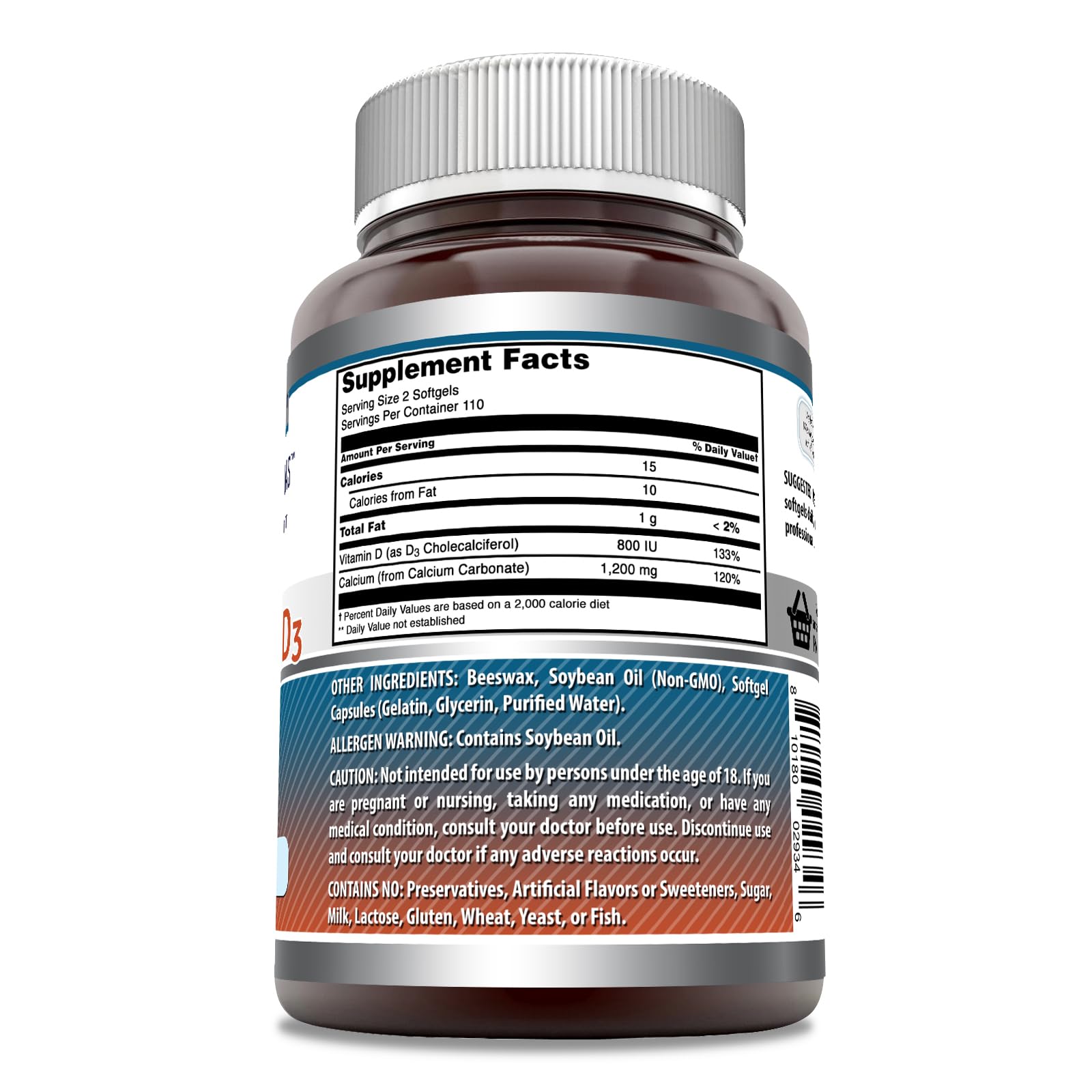 Amazing Nutrition calcium Vitamin D3 label close-up showing potency.