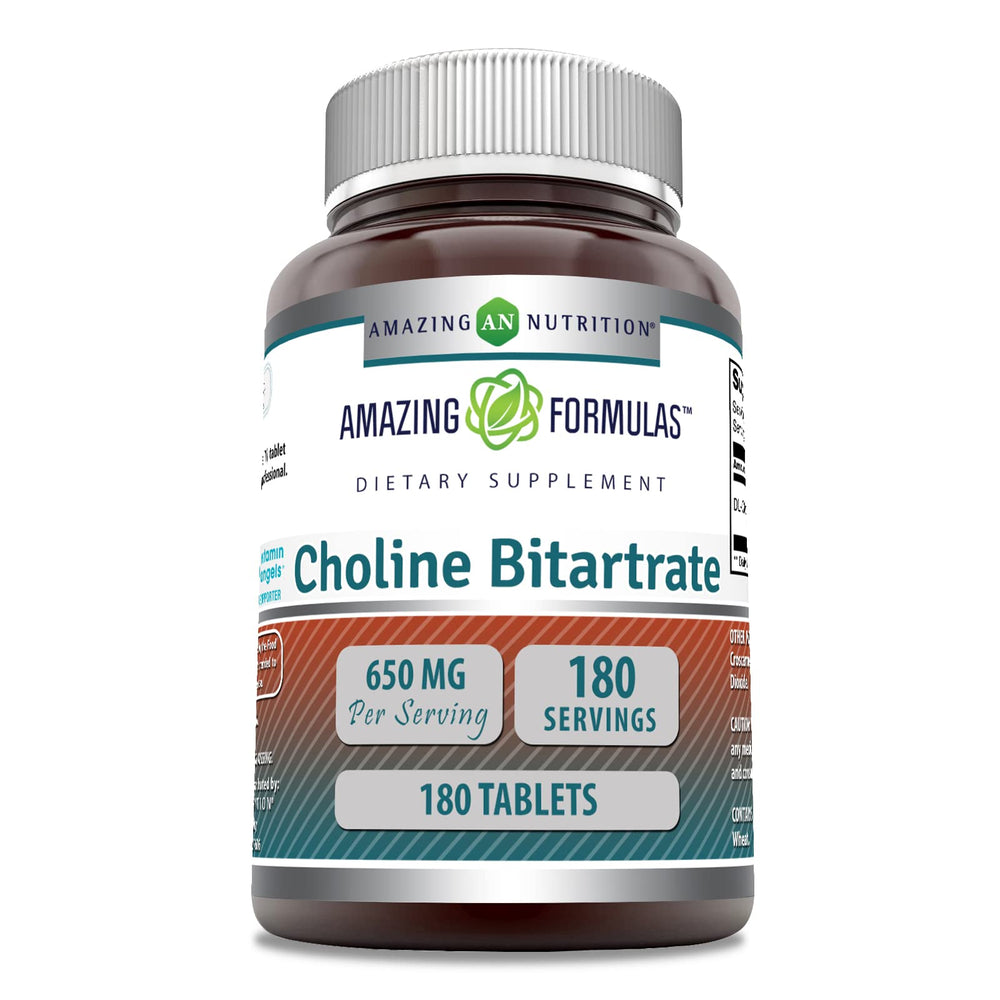 Amazing Nutrition Choline Bitartrate bottle shows 650 mg serving for daily use