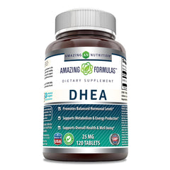 Amazing Nutrition DHEA supplement bottle highlighting 50 mg per serving for daily wellness