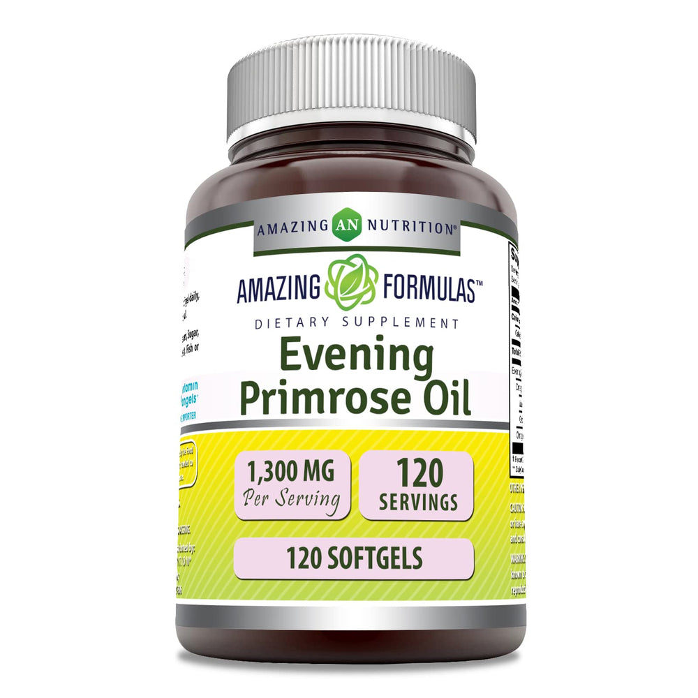 Amazing Nutrition Evening Primrose Oil bottle; hexane-free, non-GMO softgels for daily wellness.