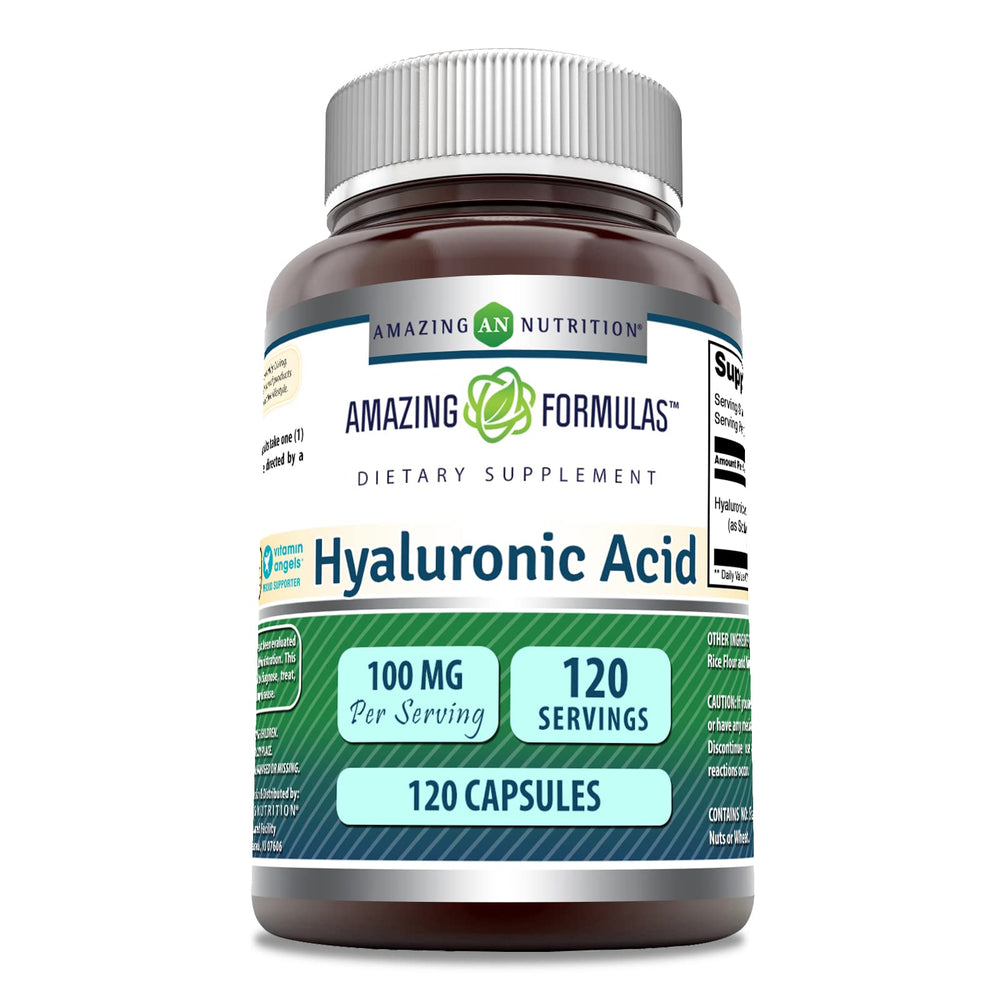 Amazing Nutrition Hyaluronic Acid 100 mg bottle supports daily joint comfort and skin hydration.