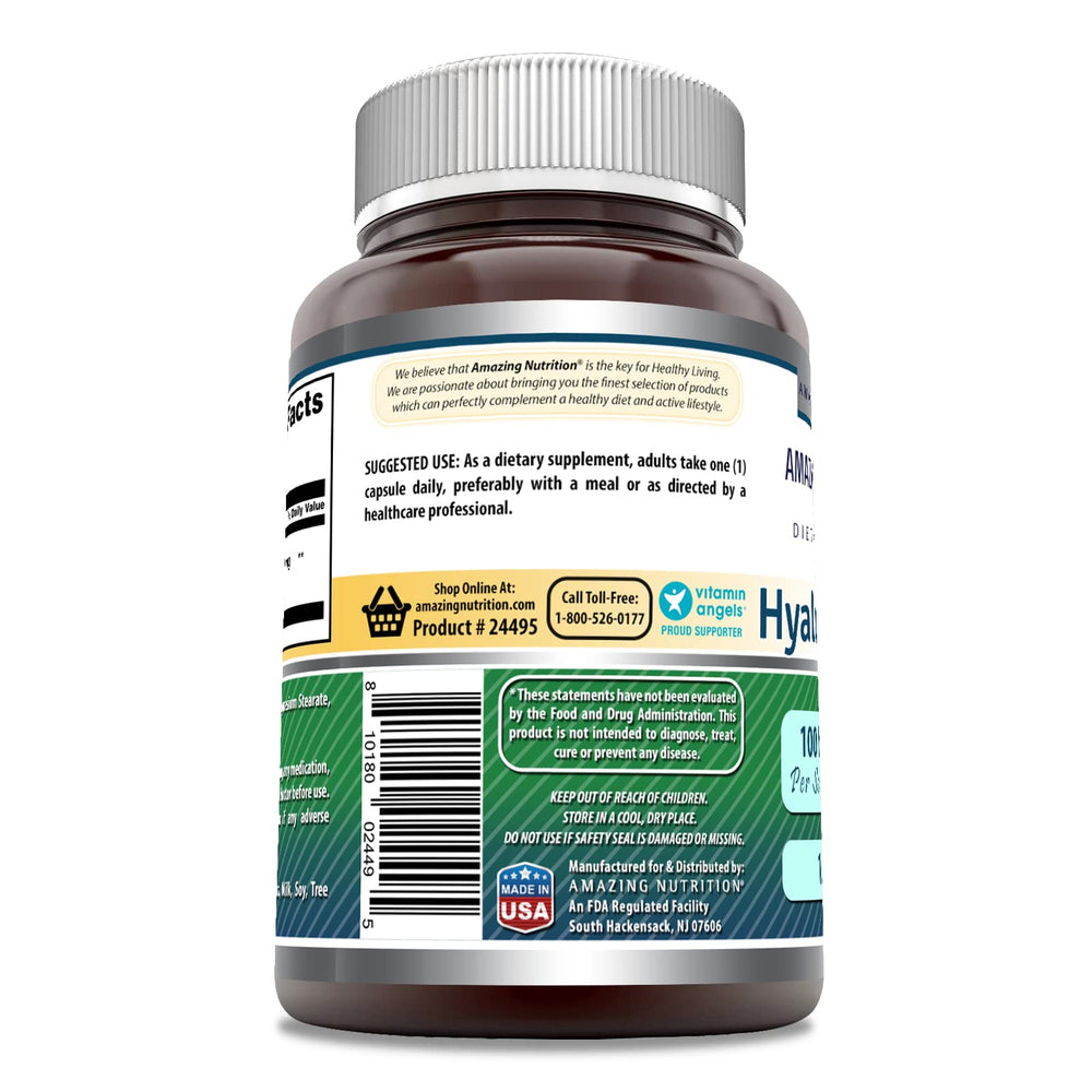 Amazing Nutrition Hyaluronic Acid label highlighting gluten-free and non-GMO quality.