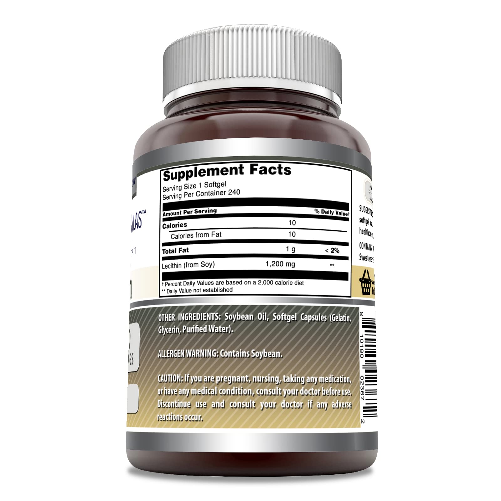 Amazing Nutrition Lecithin 1200 mg label frontend highlights non-GMO and gluten-free formulation