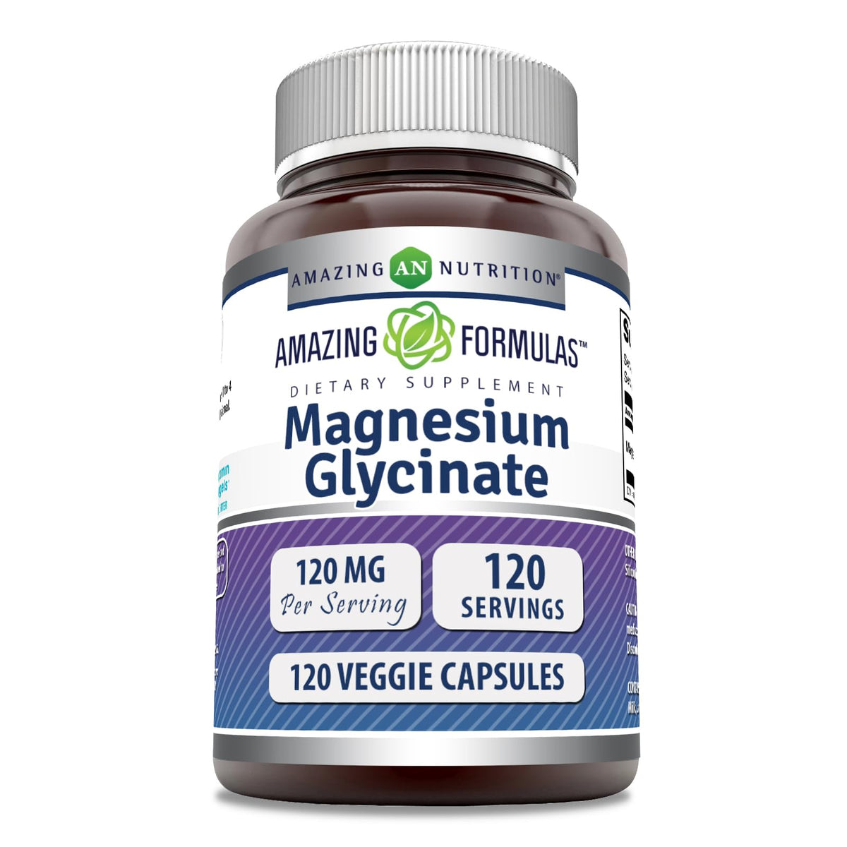 Amazing Nutrition magnesio glicinato 120 mg en botella, apoyo potencial para el bienestar diario.