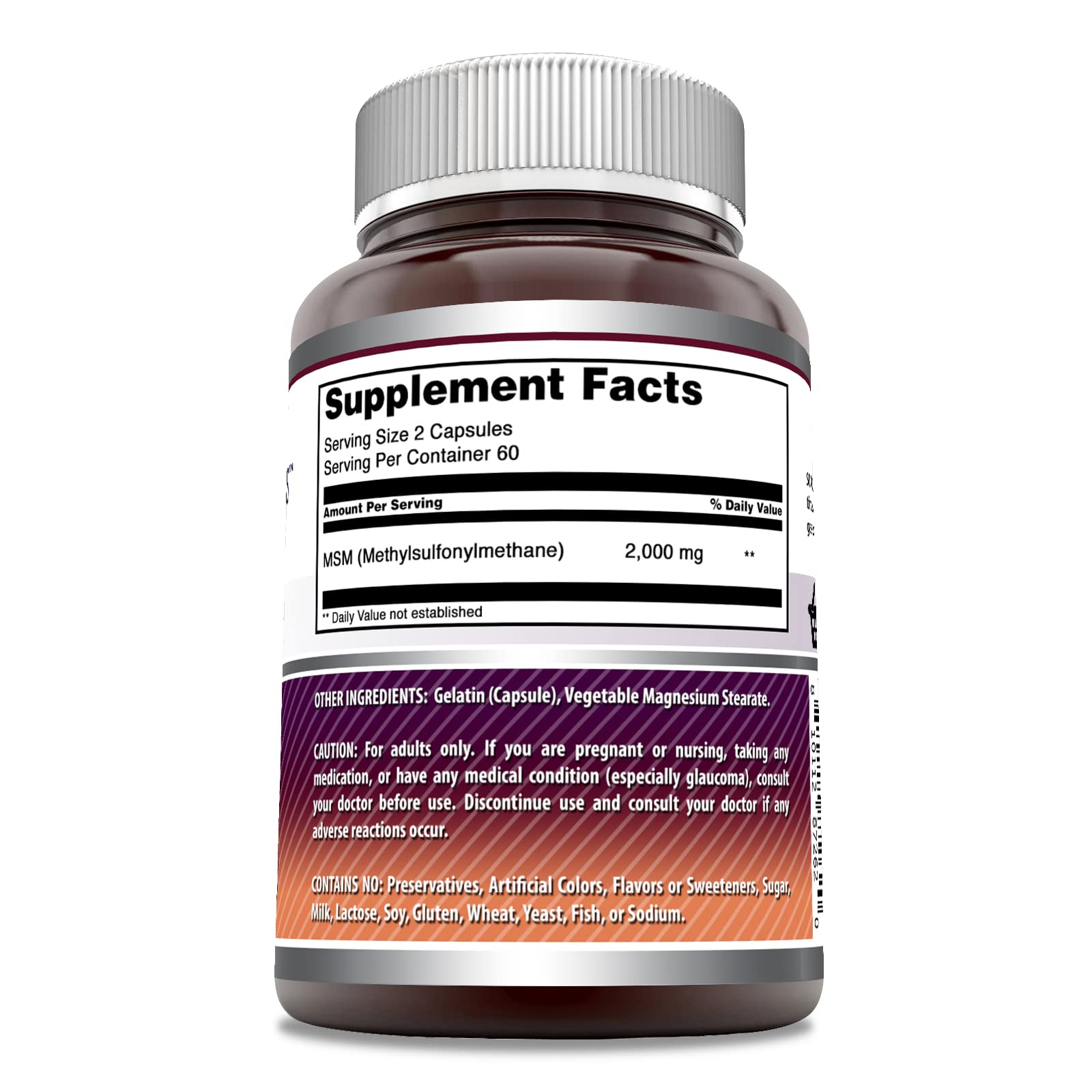 Amazing Nutrition MSM bottle close-up showing two-capsules-per-serving for convenient daily use.