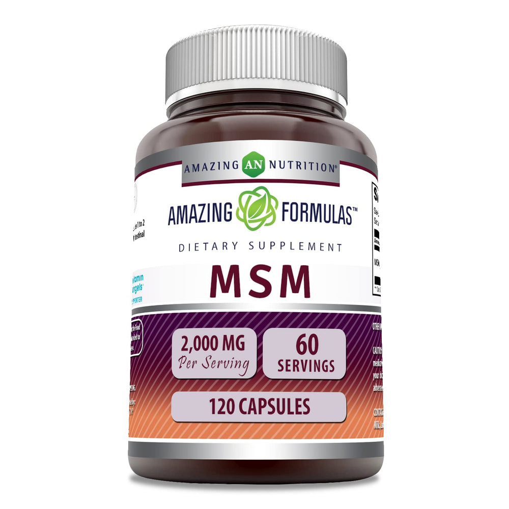 Amazing Nutrition MSM capsules bottle front view, 120-count, 2000 mg per serving for daily wellness.