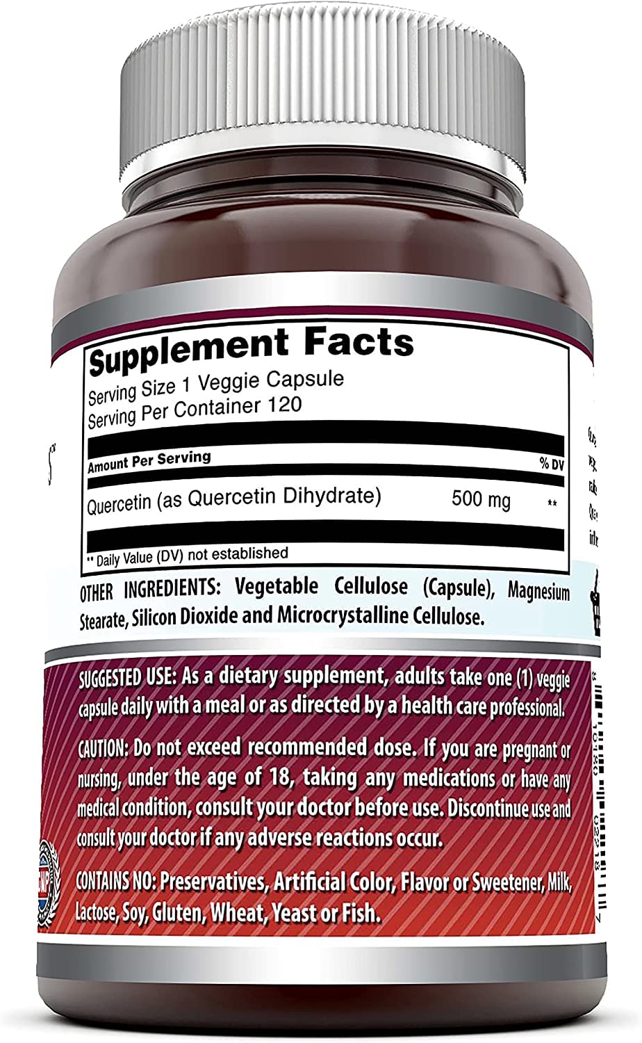 Amazing Nutrition quercetin 500mg veggie capsules label, Non-GMO, gluten-free.
