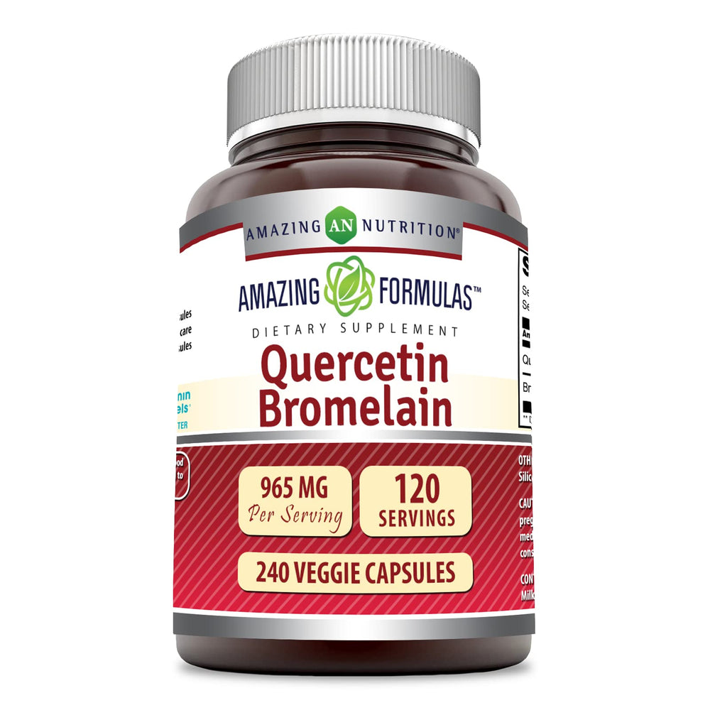 Amazing Nutrition Quercetin and Bromelain capsules bottle showcasing antioxidant support.