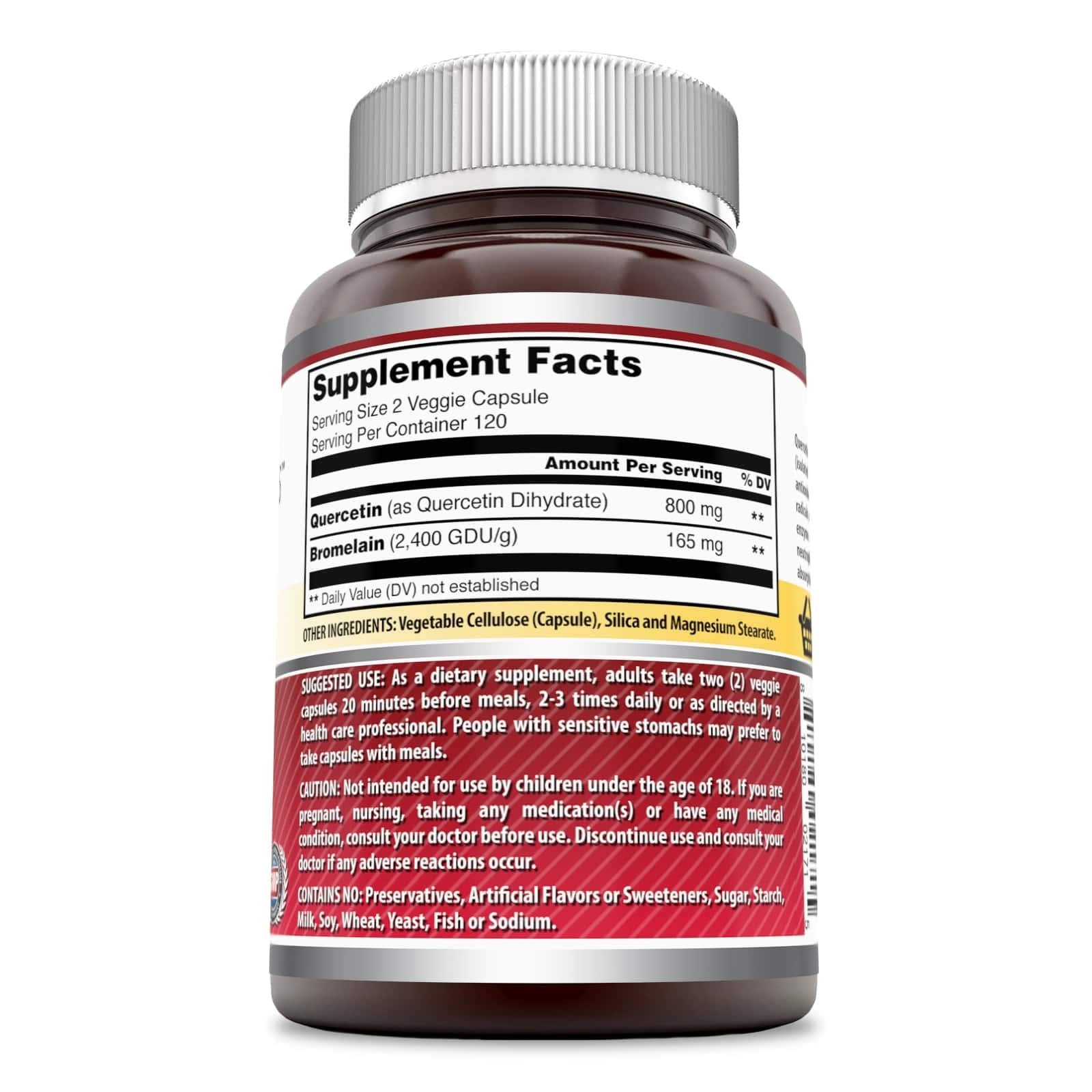 Amazing Nutrition Quercetin Bromelain capsules label highlighting non-GMO and gluten-free.