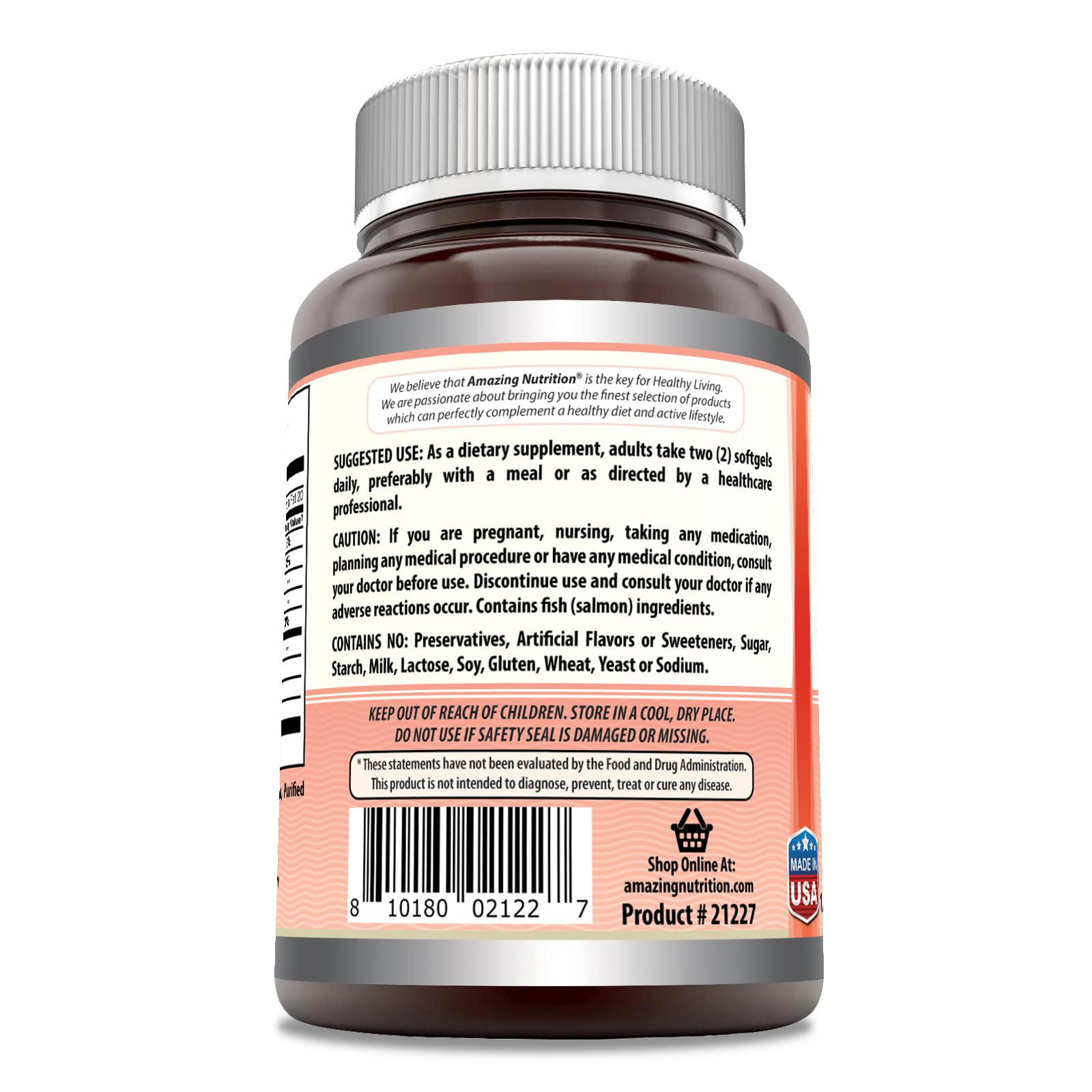 Amazing Nutrition salmon oil softgels close-up for easy daily dosing.