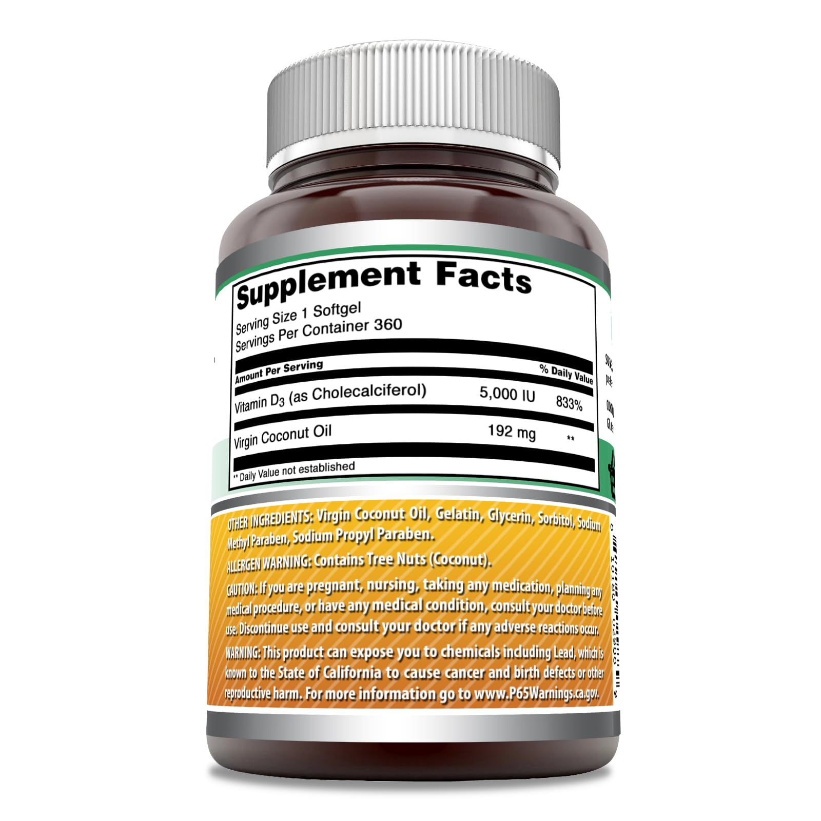 Amazing Nutrition Vitamin D3 coconut oil softgel closeup; convenient 5000 IU per serving.