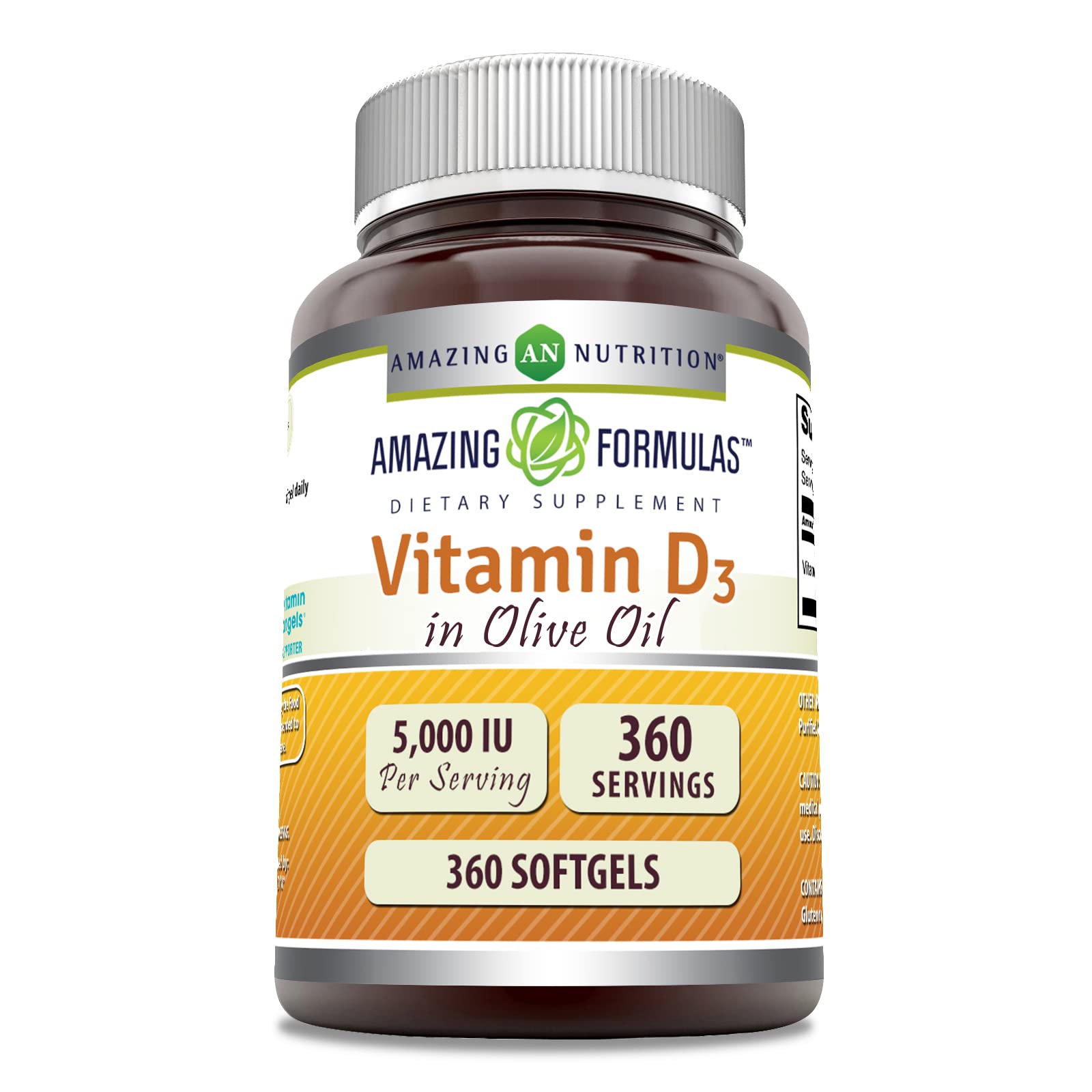 Amazing Nutrition Vitamina D3 con aceite de oliva, frente a la botella, uso diario.