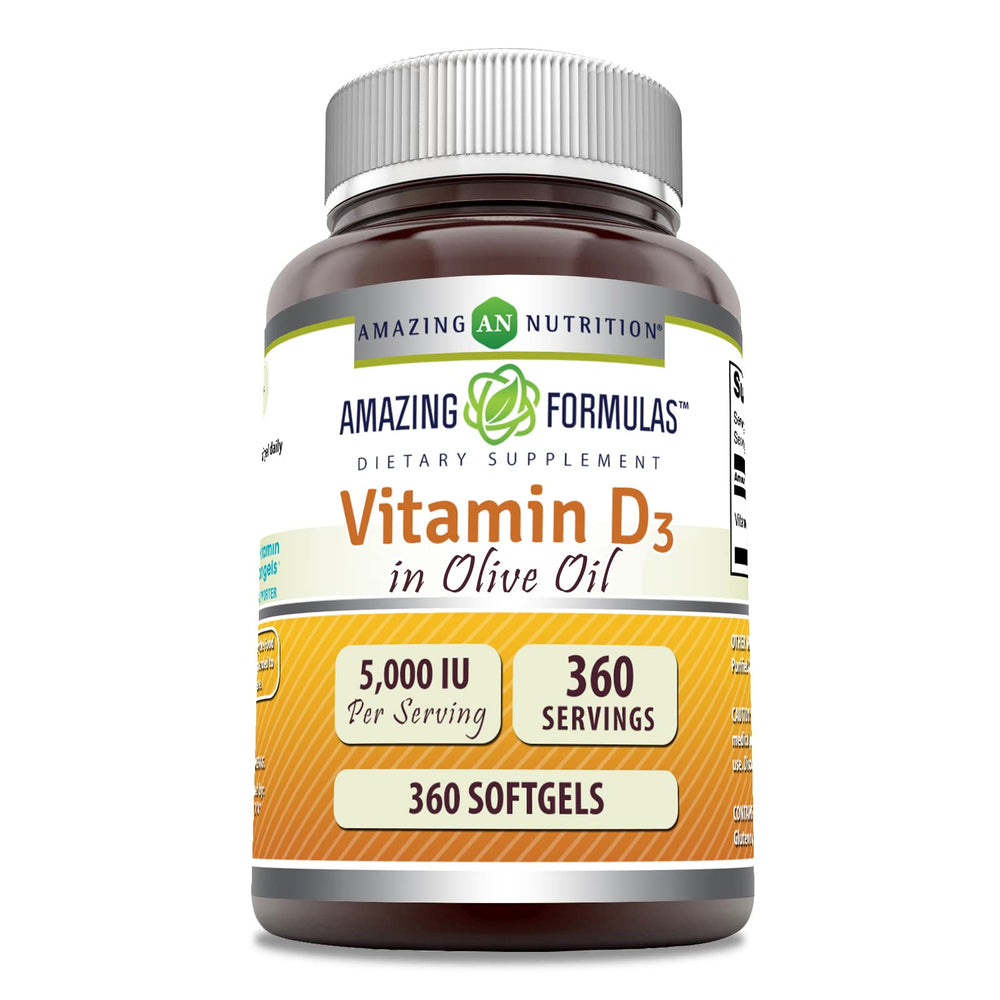 Amazing Nutrition Vitamina D3 con aceite de oliva, frente a la botella, uso diario.