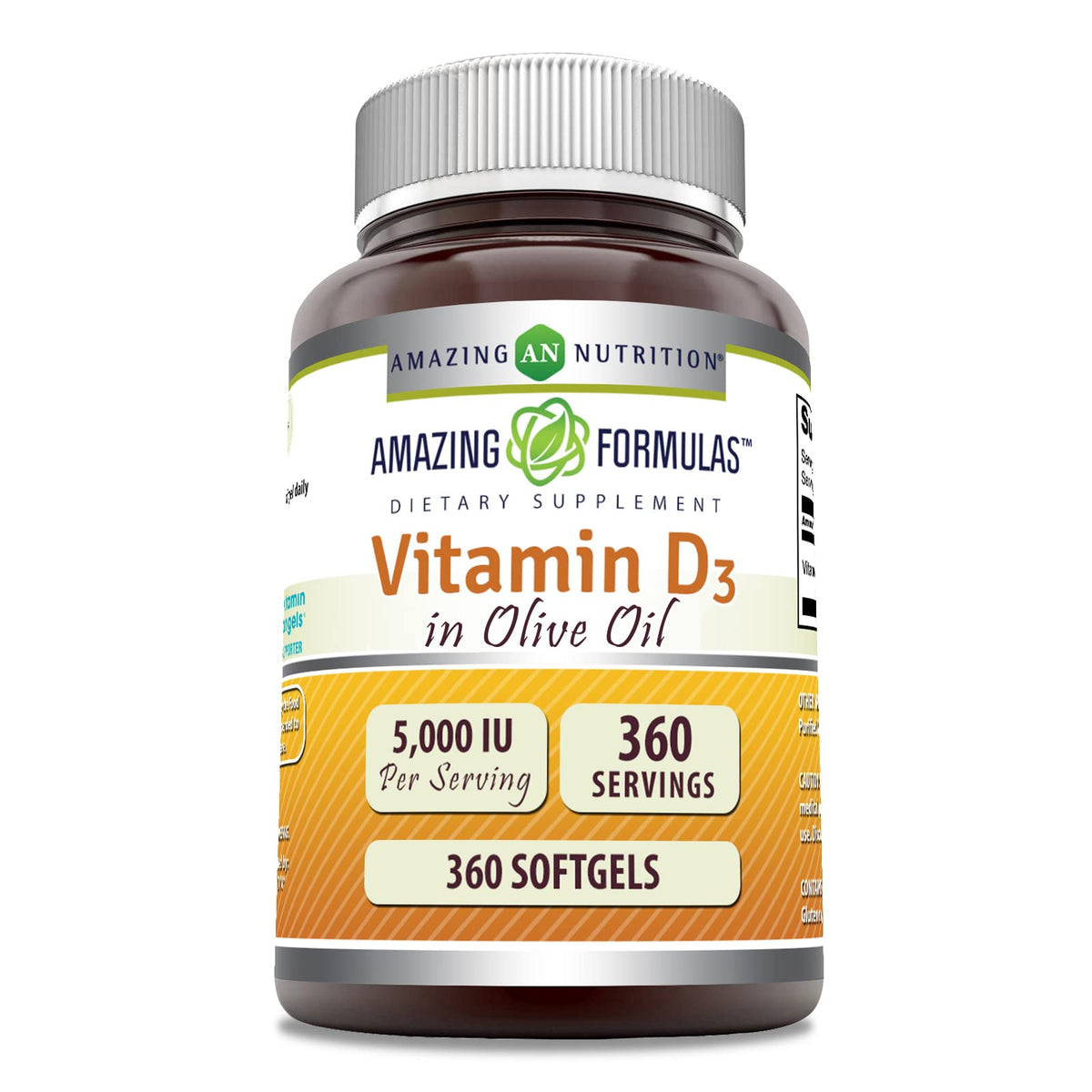 Amazing Nutrition Vitamina D3 con aceite de oliva, frente a la botella, uso diario.