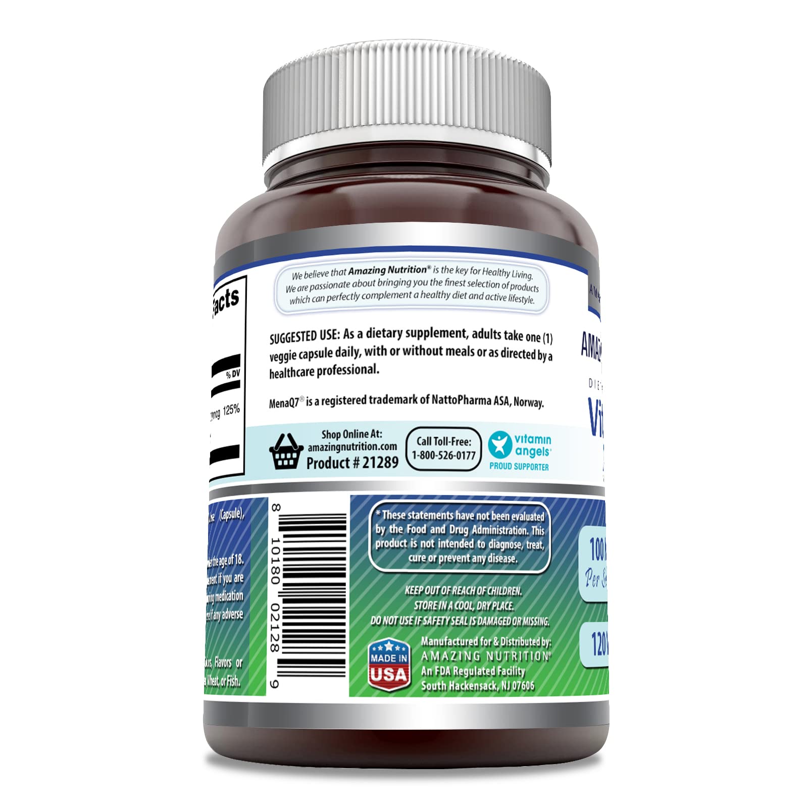 Amazing Nutrition Vitamin K2 MK7 bottle label detail highlighting third-party testing