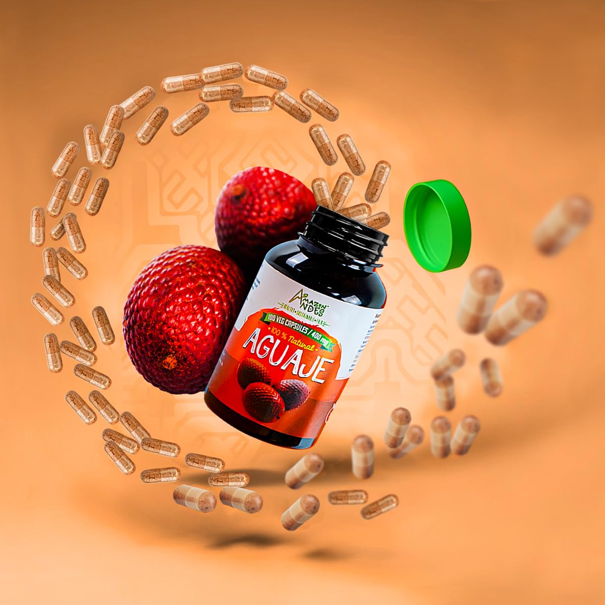 Amazon Andes Aguaje capsules GMP facility backdrop, quality manufacturing standards.