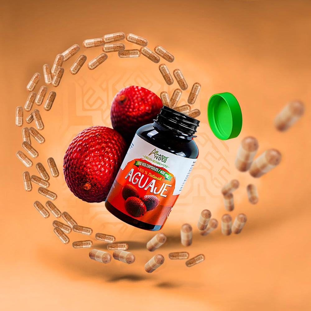 Amazon Andes Aguaje capsules GMP facility backdrop, quality manufacturing standards.